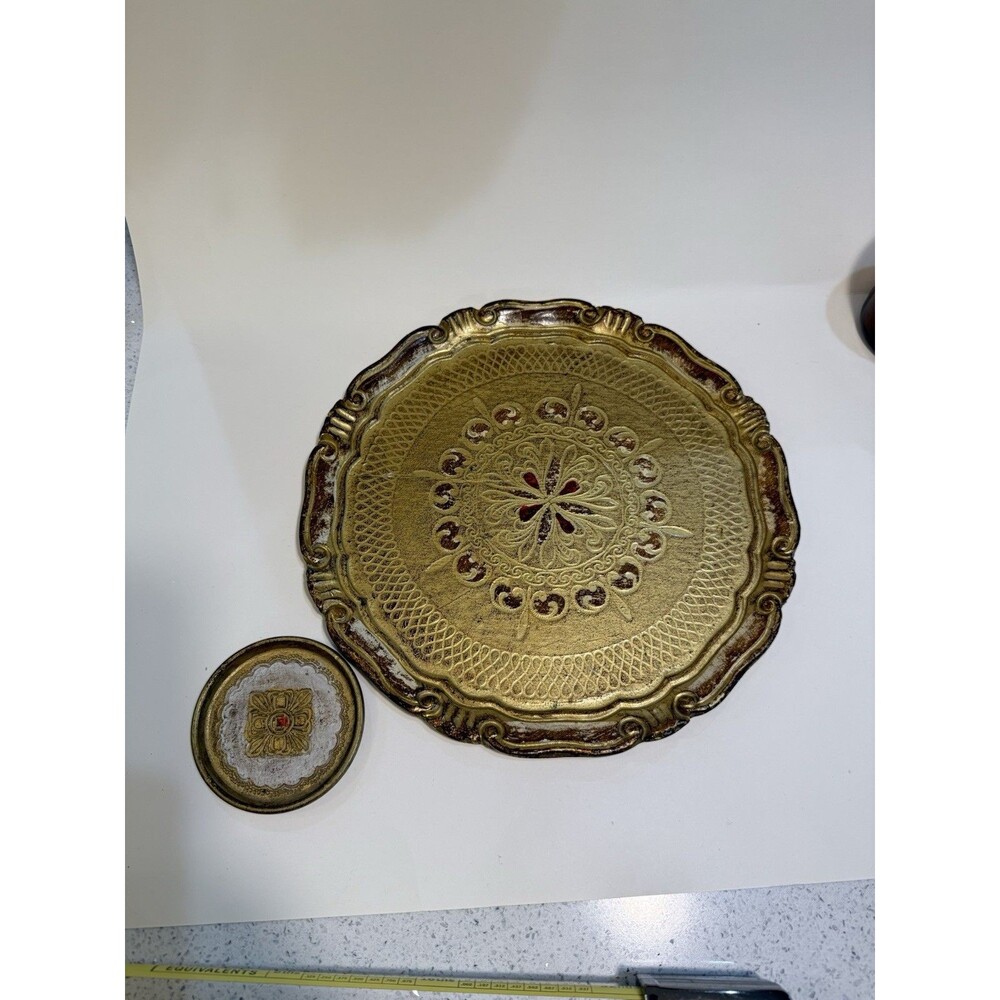 Vtg Italian Gold Florentine Wood Serving Tray Red Blue Toleware 11" Hand painted - Picture 5 of 15